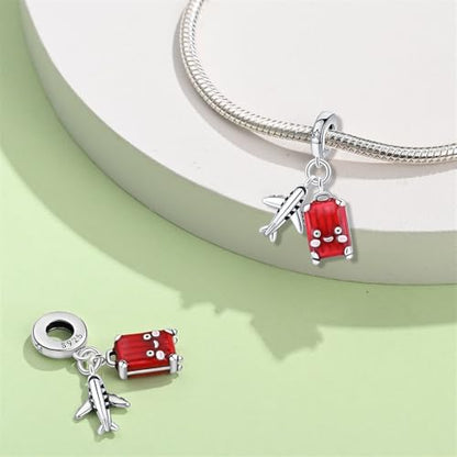 Pandach 925 Sterling Silver Charms for Bracelets and Necklaces Travel Round The World Beads Charms Relaxation Dangle Pendant,Jewelry Beads Gifts for Women - style: Red Luggage Charms