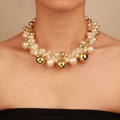 2 PCs Gold Plated Necklace Set for Women - Non Tarnish Jewelry Gift with Fashion Design - style: Pearl 2