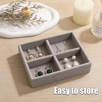 Small Jewelry Tray Set 4 Pcs Grey Velvet Stackable Jewelry Organizer Tray Mini Jewelry Drawer Organizer for Necklace Ring Earrings Jewelry (4 Styles) - color: Grey