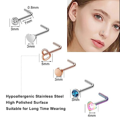 36-44 Pcs 18G 20G Nose Rings Studs Nose Rings for Women Nose Piercings Jewelry Surgical Stainless Steel Nose Studs Moon Star Heart Butterfly Hypoallergenic Body Piercing Jewelry for Women Men - color: 20G Colorful A-L Shape- 44 Pcs