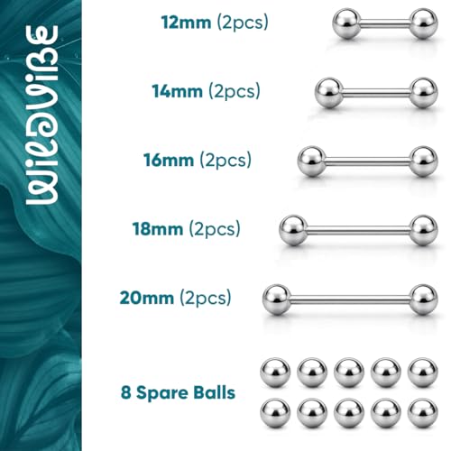 Tongue Rings Surgical Steel Straight Barbell Tongue Piercing Jewelry - Hypoallergenic Surgical Stainless Steel Nipple Rings for Women & Men Nipple Piercing Jewelry 14g, 16g (12mm 14mm 16mm 18mm 20mm) - color: 14g - Silver