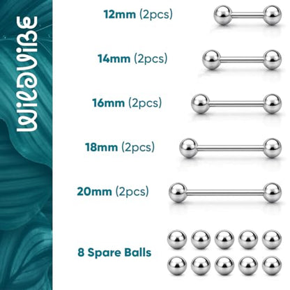 Tongue Rings Surgical Steel Straight Barbell Tongue Piercing Jewelry - Hypoallergenic Surgical Stainless Steel Nipple Rings for Women & Men Nipple Piercing Jewelry 14g, 16g (12mm 14mm 16mm 18mm 20mm) - color: 14g - Silver
