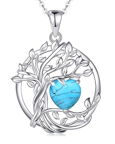 FANCIME Tree of life Birthstone necklace Sterling Silver Pendant Birthstone Necklace Gemstone Anniversary Birthday Jewelry Mothers Day Gifts for Mom Her Wife - color: Dec.-Turquoise