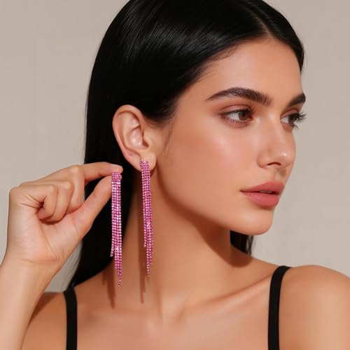 Rhinestone Clip on Earrings for Women Gold/Silver Prom Dresses 2026 Sparkly Chandelier Long Earrings Wedding Guest Jewelry - color: Pink Clip on