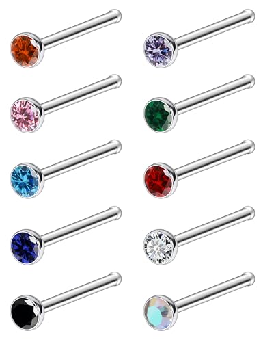 Ruifan ASTM F136 Titanium Nose Rings 18G 20G 22G Jeweled Mix Color Cubic Zirconia Nose Studs Ring Screw L-Shaped Bone Hypoallergenic Body Piercing Jewelry for Women 1.5mm 2mm 2.5mm 3mm 10PCS - style: Bone:20G(0.8mm)-2.5mm CZ