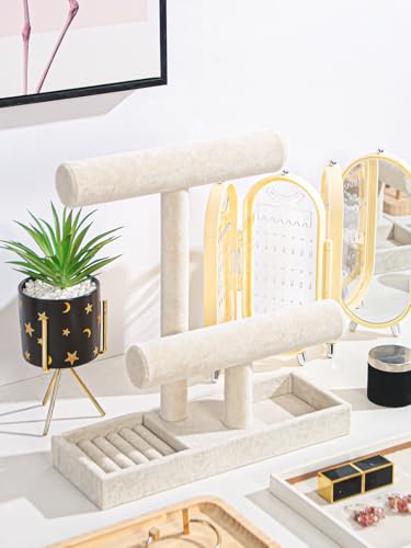 Coward 2 Tier Necklace Bracelet Holder Organizer With ring Tray, Multi-use Jewelry Display Stand For Necklace Bracelet Bangle Watch Scrunchie (Beige/no Lid) - color: Beige Velvet