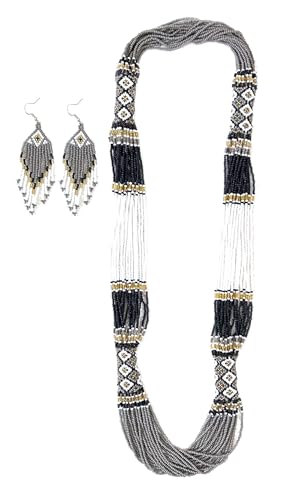 Layered – Boho Native American Style Layered Beaded Necklace– Ukrainian beaded Necklace Native Handmade Seed Bead Necklace Tribal ethnic beaded Necklace for Women (Tuquoise) - color: Black,White,Grey
