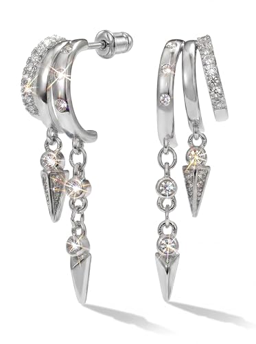 Gold Earrings for Women Trendy 14K Gold Plated Dangle Earrings Small Hoop Huggie Drop Stud Earrings Cubic Zirconia Simple Minimalist Dainty Chain Tassel Hypoallergenic Earrings - color: CZ Tassel & Silver