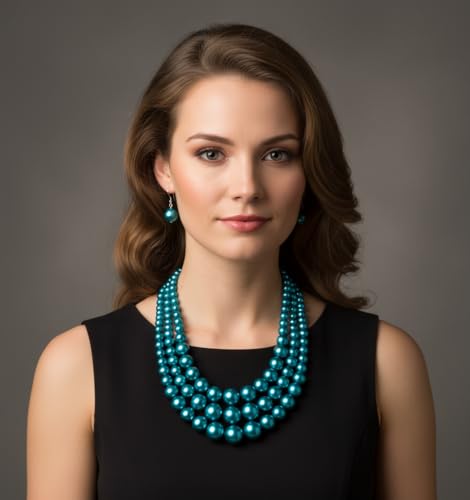 Fashion 21 Women's Faux Pearl Three Multi-Strand Statement Necklace and Earrings Set - color: Teal