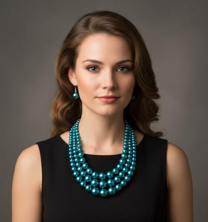 Fashion 21 Women's Faux Pearl Three Multi-Strand Statement Necklace and Earrings Set - color: Teal