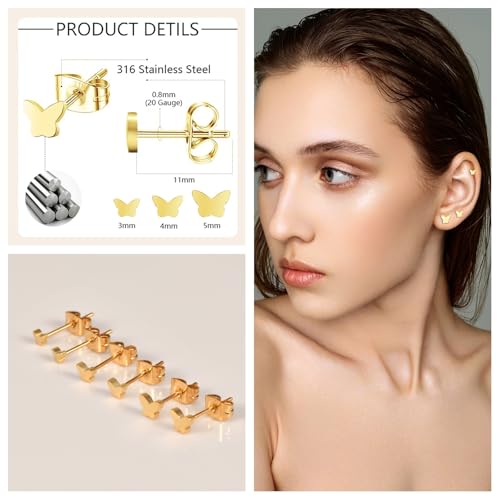 Screw on Earring Backs for Women,Hypoallergenic Surgical Steel Stud Earrings Ball Star Circle Simple Geometric Cartilage Helix Flat Back Piercing Earrings - color: 3Pairs,Gold,Butterfly(3-5mm)