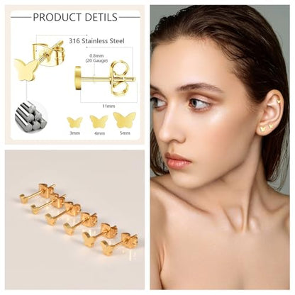 Screw on Earring Backs for Women,Hypoallergenic Surgical Steel Stud Earrings Ball Star Circle Simple Geometric Cartilage Helix Flat Back Piercing Earrings - color: 3Pairs,Gold,Butterfly(3-5mm)