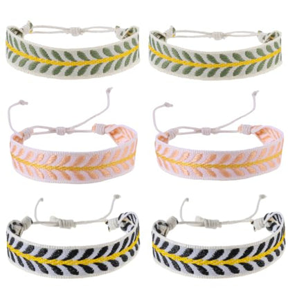 LUBINGSHINE Bohemian Embroidered Fabric Leaf Bracelet for Women 6Pcs | Hawaiian Bracelets Handmade Leaves Friendship Bracelet Set Boho Beach Vacation Holiday Jacquard Ribbon Stitching Bracelets