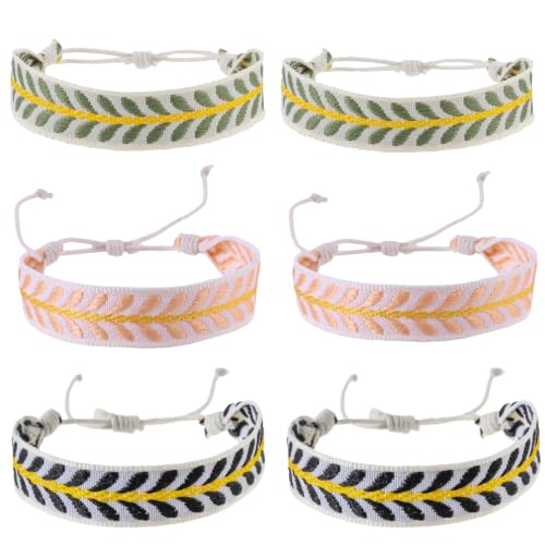 LUBINGSHINE Bohemian Embroidered Fabric Leaf Bracelet for Women 6Pcs | Hawaiian Bracelets Handmade Leaves Friendship Bracelet Set Boho Beach Vacation Holiday Jacquard Ribbon Stitching Bracelets