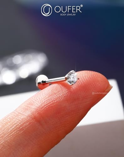 OUFER 925 Sterling Silver Flat Back Earrings, Clear CZ 16G Helix Piercing Jewelry, Silver Internally Threaded Cartilage Earrings Stud, Silver Lip Labret Rings for Women - color: Silver-3mm