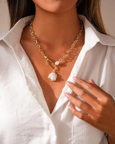 Gold and Pearl Necklace for Women 14K Gold Plated Trendy Baroque Pearl Pendant Drop Necklace Elegant Wedding Bridal Prom Jewelry Gift