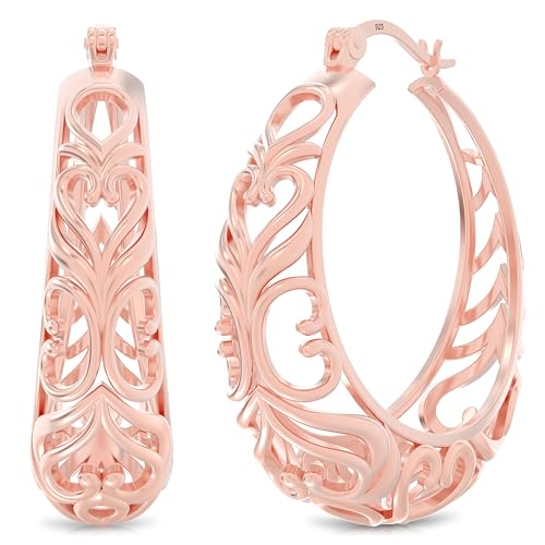 LeCalla 925 Sterling Silver Chunky Hoop Earrings | Filigree Heart Hoop Earrings for Women | Oval & Round Mesh Filigree Click-Top Hoops Earring | Hypoallergenic Earrings for Women - color: Rose Gold Round Filigree 27MM