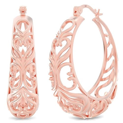 LeCalla 925 Sterling Silver Chunky Hoop Earrings | Filigree Heart Hoop Earrings for Women | Oval & Round Mesh Filigree Click-Top Hoops Earring | Hypoallergenic Earrings for Women - color: Rose Gold Round Filigree 27MM