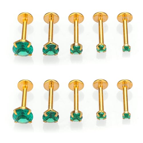 10Pcs 16G Emerald CZ Stainless Steel Lip Rings Internally Threaded Labret Lip Studs Monroe Medusa Piercing Jewelry Conch Helix Cartilage Studs Earrings 6mm 8mm 10mm - color: Gold, size: 8mm