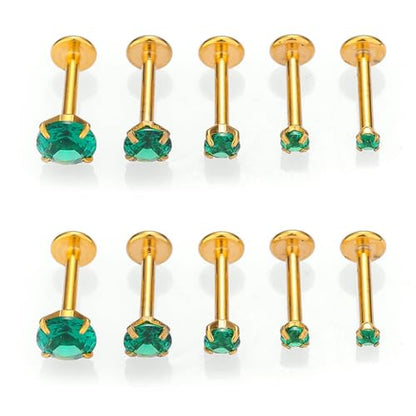 10Pcs 16G Emerald CZ Stainless Steel Lip Rings Internally Threaded Labret Lip Studs Monroe Medusa Piercing Jewelry Conch Helix Cartilage Studs Earrings 6mm 8mm 10mm - color: Gold, size: 8mm