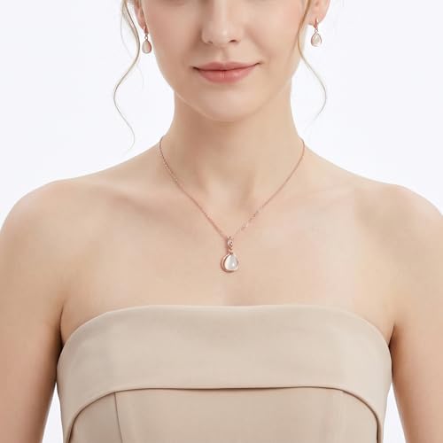 Amabro Teardrop Pendant Rose Gold Necklaces Earrings Jewelry Sets for Women | Pink Opal Water Drop Necklace & Earrings Adjustable Accessories Wedding Birthday Prom Formal Brides Bridesmaid