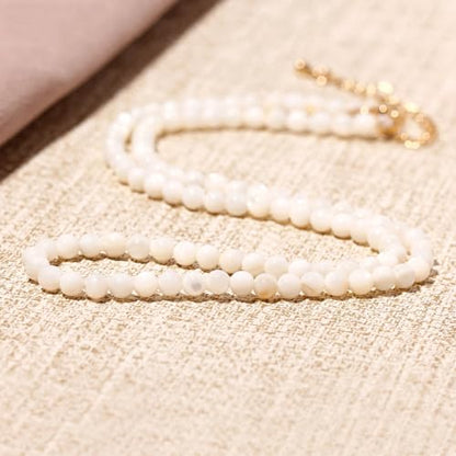 Simple 4mm Gemstones and Crystals Choker Necklace Unisex 16"-18" | Necklaces for Women Men, Adjustable, 40-45 cm Chain Length, Handmade, Spiritual Gemstones, Positive Energy, Daily Wear - style: White Shell