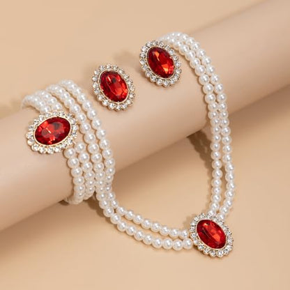 3Pcs Dainty Elegant Imitation Pearl Beaded Choker Necklace Bracelets Earrings Set Handmade Adjustable Faux Pearl Necklace for Women Bridal Wedding Party Prom Birthday Valentine Jewelry Gifts - color: D red