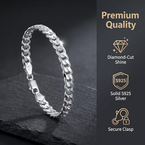 S925 Sterling Silver 6mm Cuban Link Chain Bracelets for Men,2.5mm Rope Chain Mens Bracelet Set for Men's&woman,Trendy hip-hop stacking Chain Gift Boyfriend/Girlfriend,Non Tarnish Hypoallergenic - style: Sterling Silver Cuban link