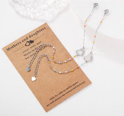 DS Mother Daughter Matching Bracelets,Adjustable Stainless Steel Gift Set | mother’s Day & Birthday Gift Box,Heart Charm,Mommy & Me Style,18K Gold Plated,Hypoallergenic,Daily Wear,Fits Women Teen Girls - color: Silver-1