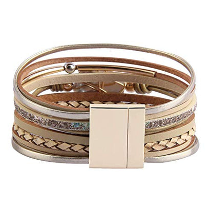 GelConnie Leather Cuff Bracelet Baroque Pearl Wrap Bracelet Gorgeous Gold Tube Bangle Boho Bracelet Bohemian Wristband Jewelry Gift for Women Wife - color: Leather Wrap Bracelet -Beige