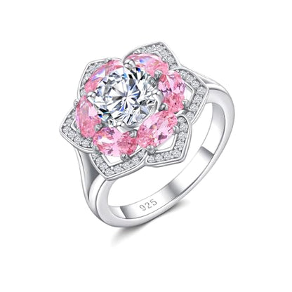 Flower Engagement Promise Ring Sterling Silver Birthstone Rings for Women Sapphire/Emerald/Ruby Gemstone Six Leaf Clover Statement Cocktail Ring Size 6 to 10 - style: 10. October-Created Pink Sapphire