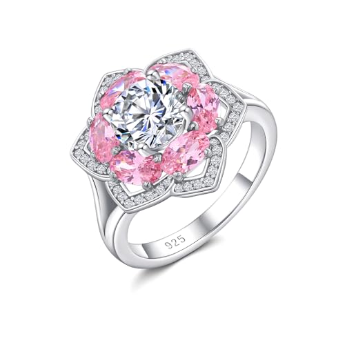 Flower Engagement Promise Ring Sterling Silver Birthstone Rings for Women Sapphire/Emerald/Ruby Gemstone Six Leaf Clover Statement Cocktail Ring Size 6 to 10 - style: 10. October-Created Pink Sapphire
