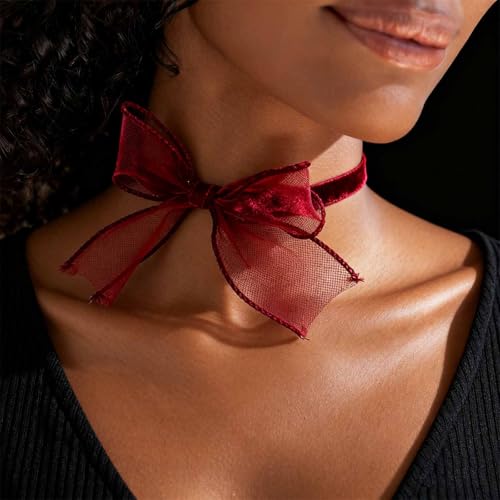 Boho Bow Lace Choker Necklaces Bow Ribbon Necklace Lace Bowknot Necklaces White Velvet Collar Necklace Big Bowtie Choker Cosplay Costume Christmas Halloween Jewelry for Women - color: Red