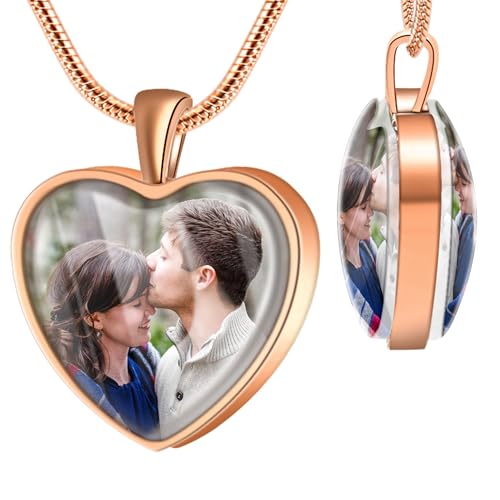 Farfume Personalized Photo Necklace for Women/Men, Memorial Jewelry Gifts | Holds 2 Pictures Pendant, Custom Engraved Text, Beautiful Locket for Girls, Durable Stainless Steel, Mothers Day Gifts - color: Heart Rose Gold