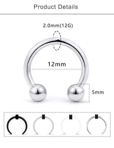 Lcolyoli Large Septum Rings 16G 14G 12G 10G 8G 6G PA Ring Internally Threaded Spike Horseshoe Barbell Stainless Steel & Acrylic Plastic Pincher Tapers C Shape Buffalo Stretcher Expander for Women Men - color: 12G