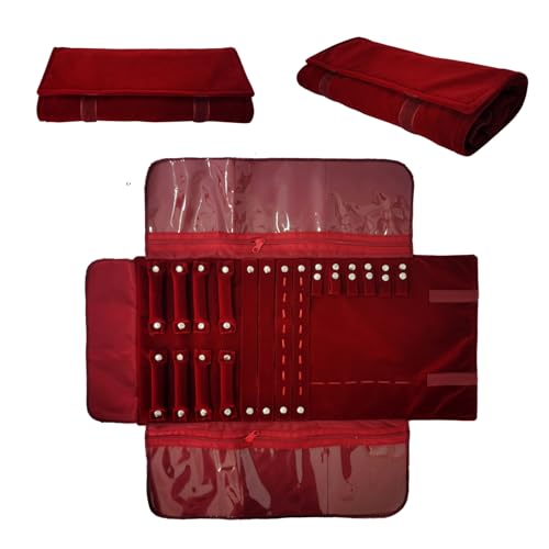 Velvet Travel Jewelry Case Roll Bag Organizer for Necklace Bracelet Earrings Ring (Black) (Burgundy) - color: Burgundy