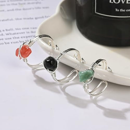 9 PCS Healing Crystal Ring, Adjustable Wire Wrapped Rings Irregular Gemstone Rings Set for Women - color: Silver-Style B