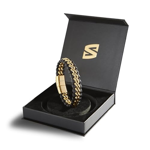 SERASAR | Premium Genuine Leather Bracelet [Steel] for Men in Black | Magnetic Stainless Steel Clasp in Black, Silver and Gold | Exclusive Jewellery Box | Great Gift Idea - color: Gold, size: 20cm