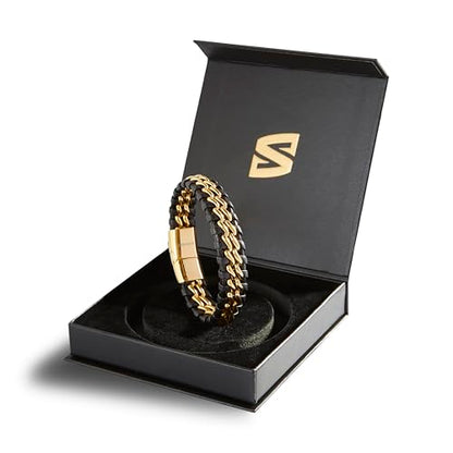 SERASAR | Premium Genuine Leather Bracelet [Steel] for Men in Black | Magnetic Stainless Steel Clasp in Black, Silver and Gold | Exclusive Jewellery Box | Great Gift Idea - color: Gold, size: 20cm