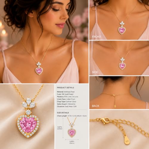 Rich London 18K Rose Gold Plated 2-in-1 Clover Heart Pendant Necklace for Women | Elegant Crystal Charm Jewellery - color: Pink Heart