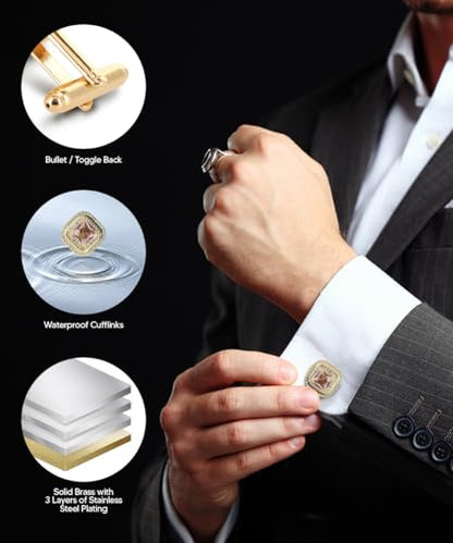 Square Colored Crystal Double Diamond Set Cufflinks - color: Pink/Gold