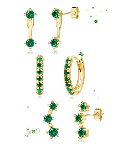3 Pairs Dainty Small Earrings Set for Women Trendy, Birthstone Stud Huggie Hoop Jacket Stack for Cartilage Helix, Gold Plated Hypoallergenic Cute Women Fashion Accessories Western Jewelry Gifts - color: 05Green Created Emerald-May (Gold)