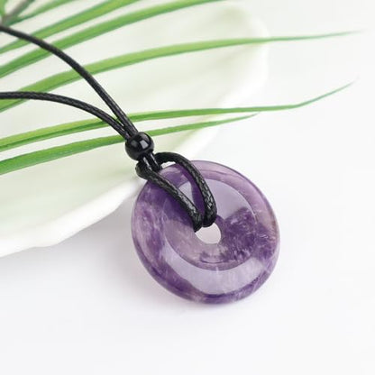 Anjiucc Natural Gemstone Pendant Necklce Lucky Coin Crystal Necklace Donut Pendnat with Adjustable Rope Healing Crystal for Men - color: Amethyst