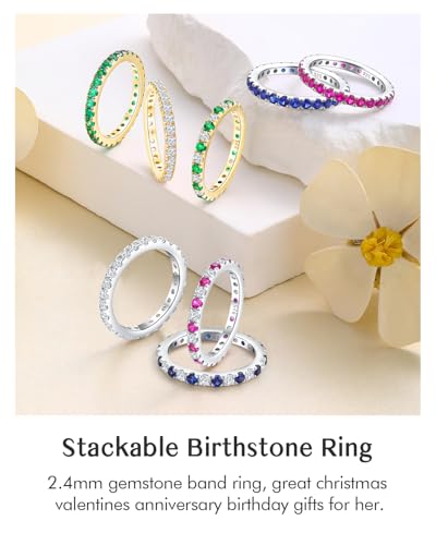 DAYBYDAY Sapphire/Emerald/Ruby Full Eternity Band Rings for Women, 2.4mm Thin Birthstone Stackable Rings, 925 Sterling Silver/14K Gold Plated Gemstone Wedding Band Anniversary Ring Size 6 to 10 - color: 07. Red Ruby, July