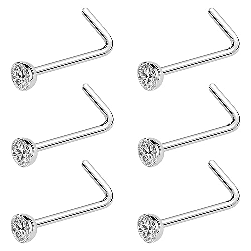 20G & 18G Nose Rings - Black, Silver & Gold Stainless Steel Studs & Screws - L Shaped & Bone Nose Rings Set - Clear CZ Nostril Piercing Jewelry - color: Silver: 3mm White-CZ/ L Shaped/ 20G/ 6Pcs