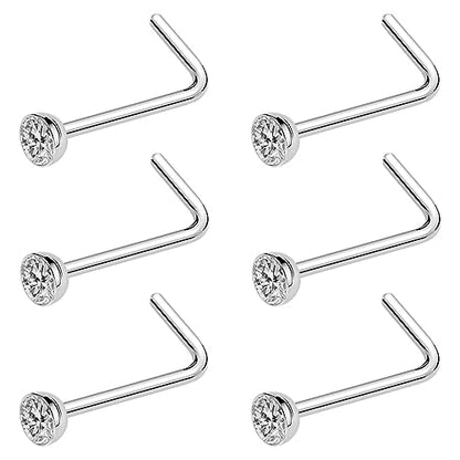 20G & 18G Nose Rings - Black, Silver & Gold Stainless Steel Studs & Screws - L Shaped & Bone Nose Rings Set - Clear CZ Nostril Piercing Jewelry - color: Silver: 3mm White-CZ/ L Shaped/ 20G/ 6Pcs