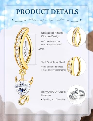 JOERICA 6 Pcs 14G Clicker Belly Button Ring for Women 316L Surgical Steel Butterfly Snake Evil Eye Heart CZ Opal Dangle Belly Button Rings Simple Reverse Navel Rings Body Belly Piercing Jewelry - color: Gold Tone A