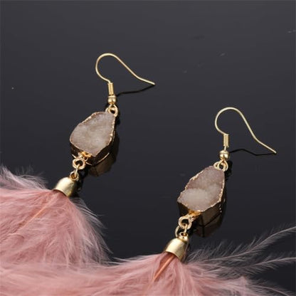 Feather Earrings for Women Boho Bohemian Style Tassel Fringe Statement Drop | Boho Tassel Fringe Statement Drop Earrings Dangle with Bohemian Vibe for Summer Beach Vacation Cruise Festival Outfit - color: Pink