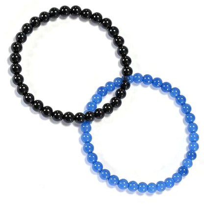 2PCS Agate Bracelet for Women Men Natural Round Beaded Agates Stone Healing Stretch Bracelets Elastic Handmade Polished Gemstone Beads Bracelet - color: Blue+Black, size: 6mm Beads