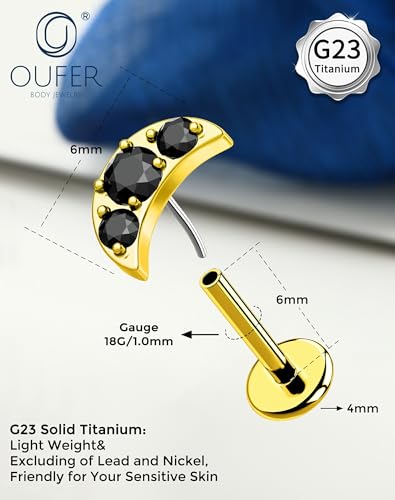 OUFER Body Piercing Titanium Flat Back Nose Stud 18G Moon Cartilage Earring Studs 6MM Threadless Helix Tragus Piercing Jewelry for Women Black Lip Piercing Jewelry - color: gold